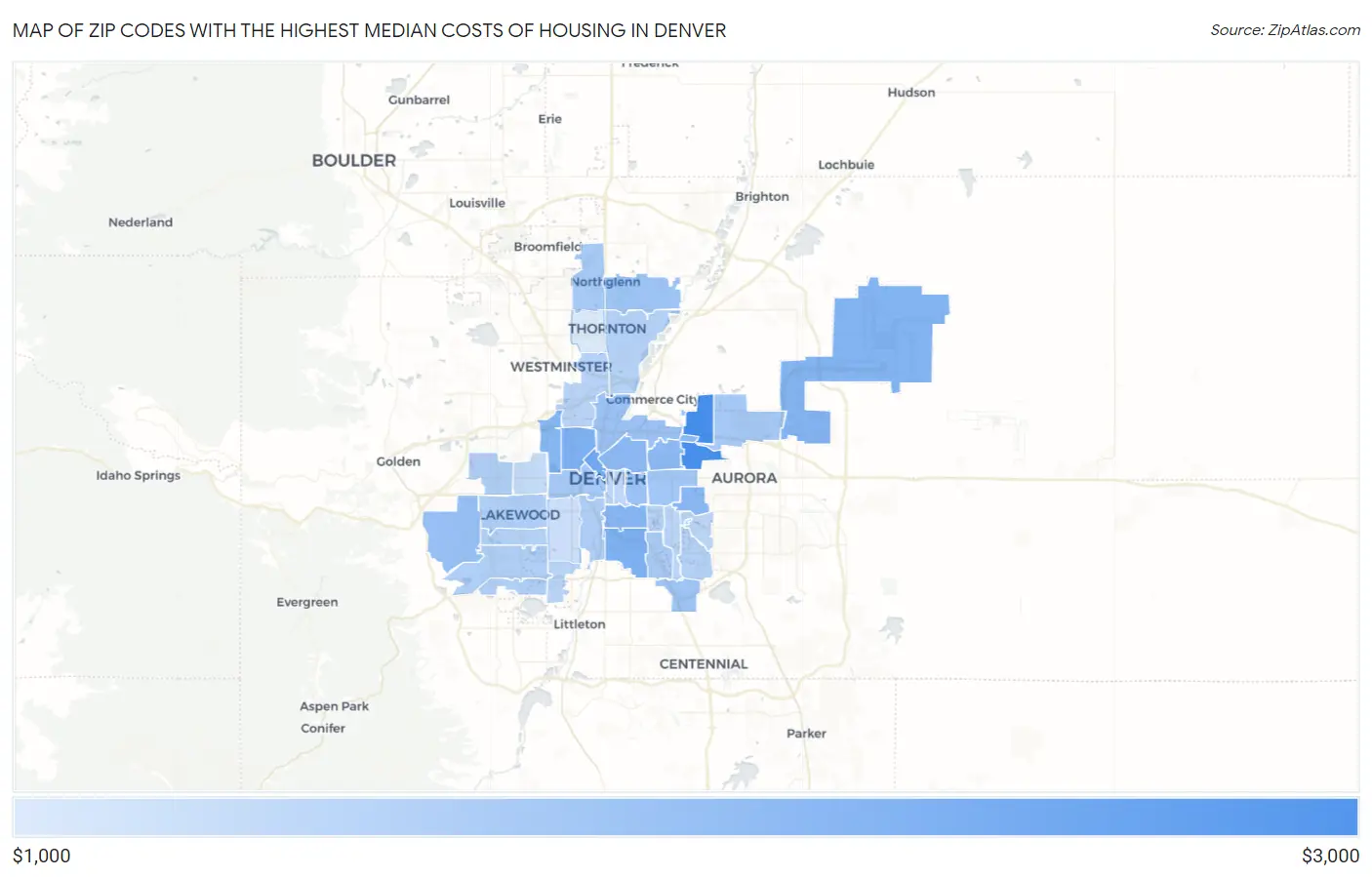 Zip Codes with the Highest Median Costs of Housing in Denver Map