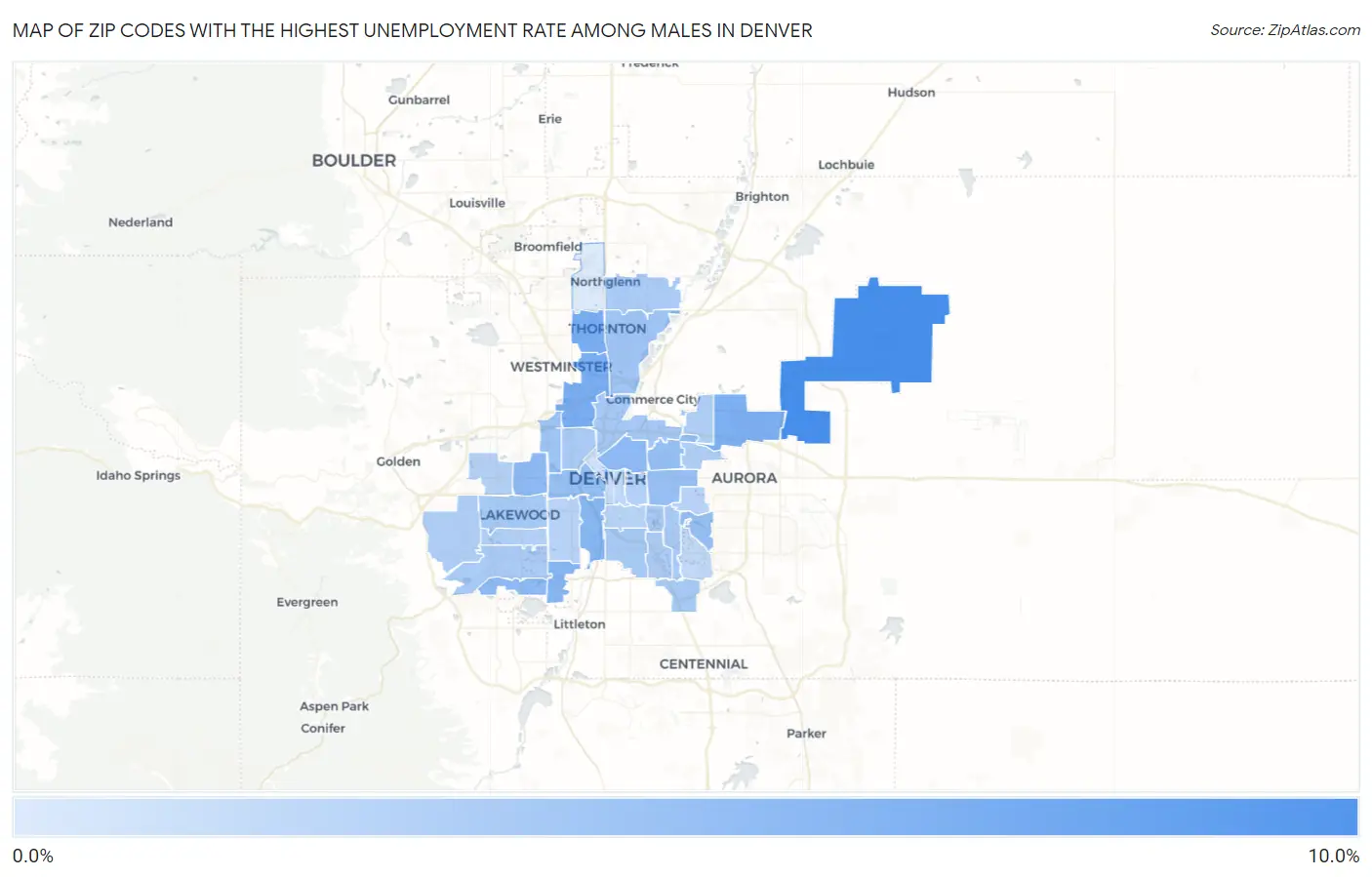 Zip Codes with the Highest Unemployment Rate Among Males in Denver Map