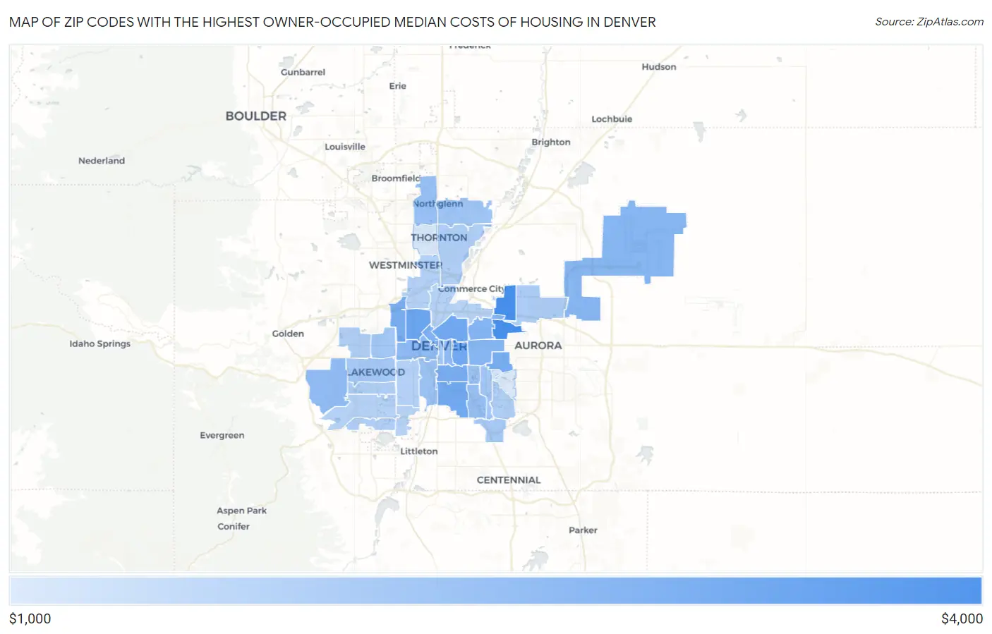 Zip Codes with the Highest Owner-Occupied Median Costs of Housing in Denver Map
