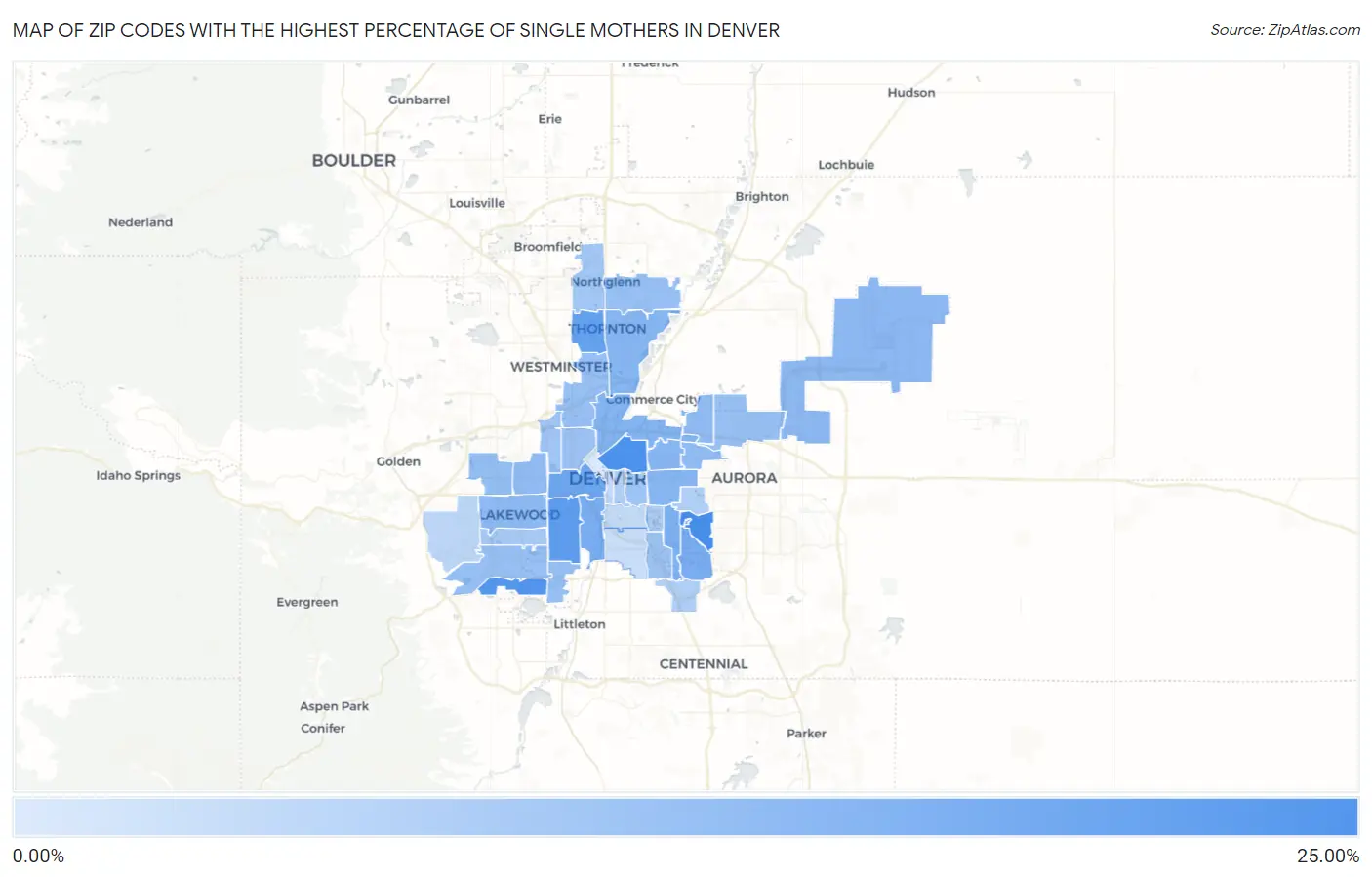 Zip Codes with the Highest Percentage of Single Mothers in Denver Map