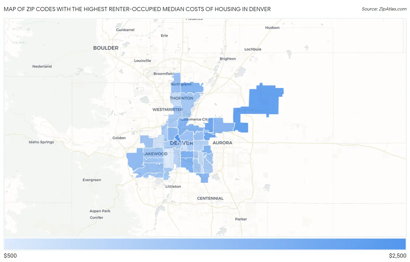 Zip Codes with the Highest Renter-Occupied Median Costs of Housing in Denver Map