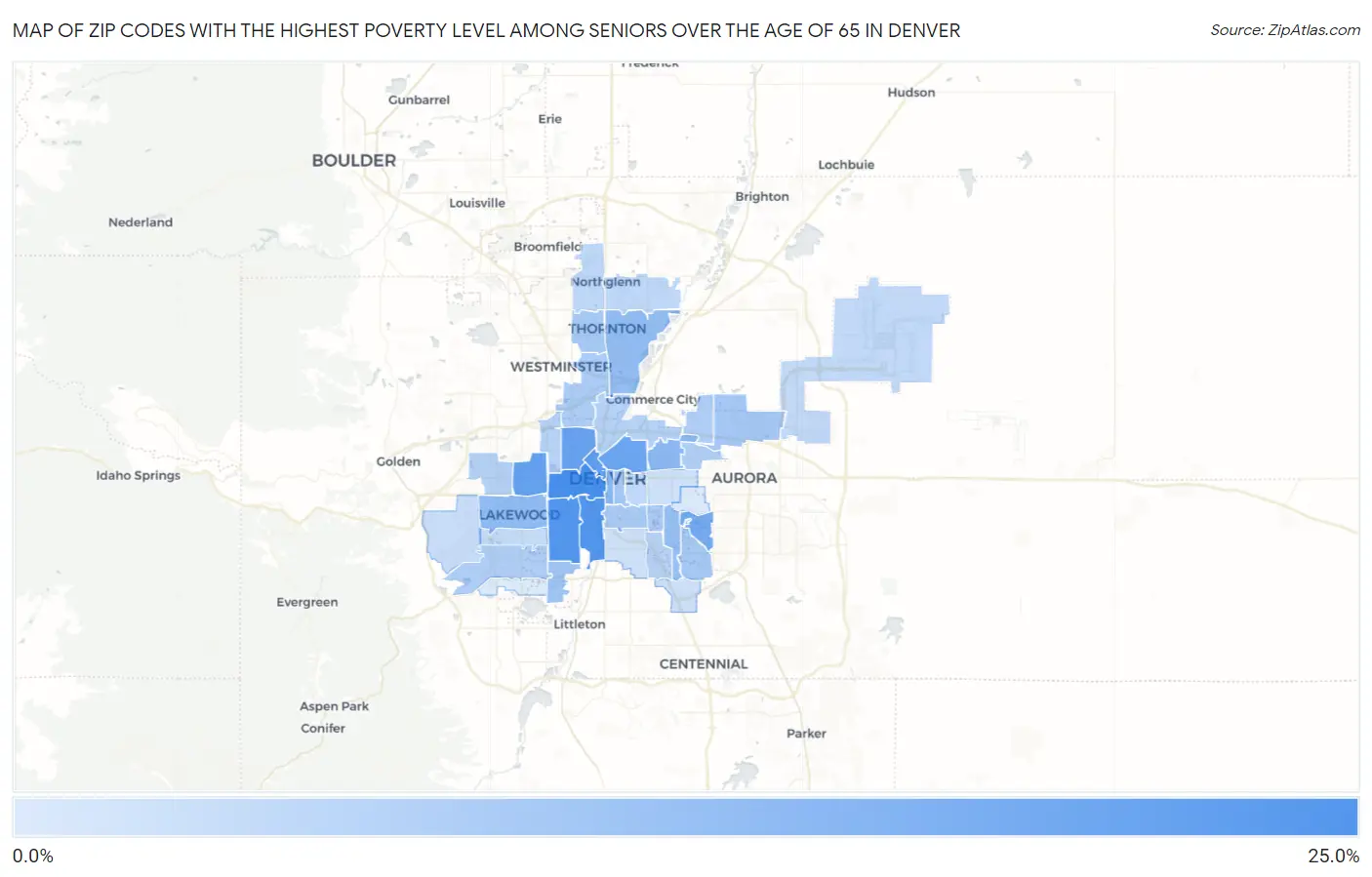 Zip Codes with the Highest Poverty Level Among Seniors Over the Age of 65 in Denver Map