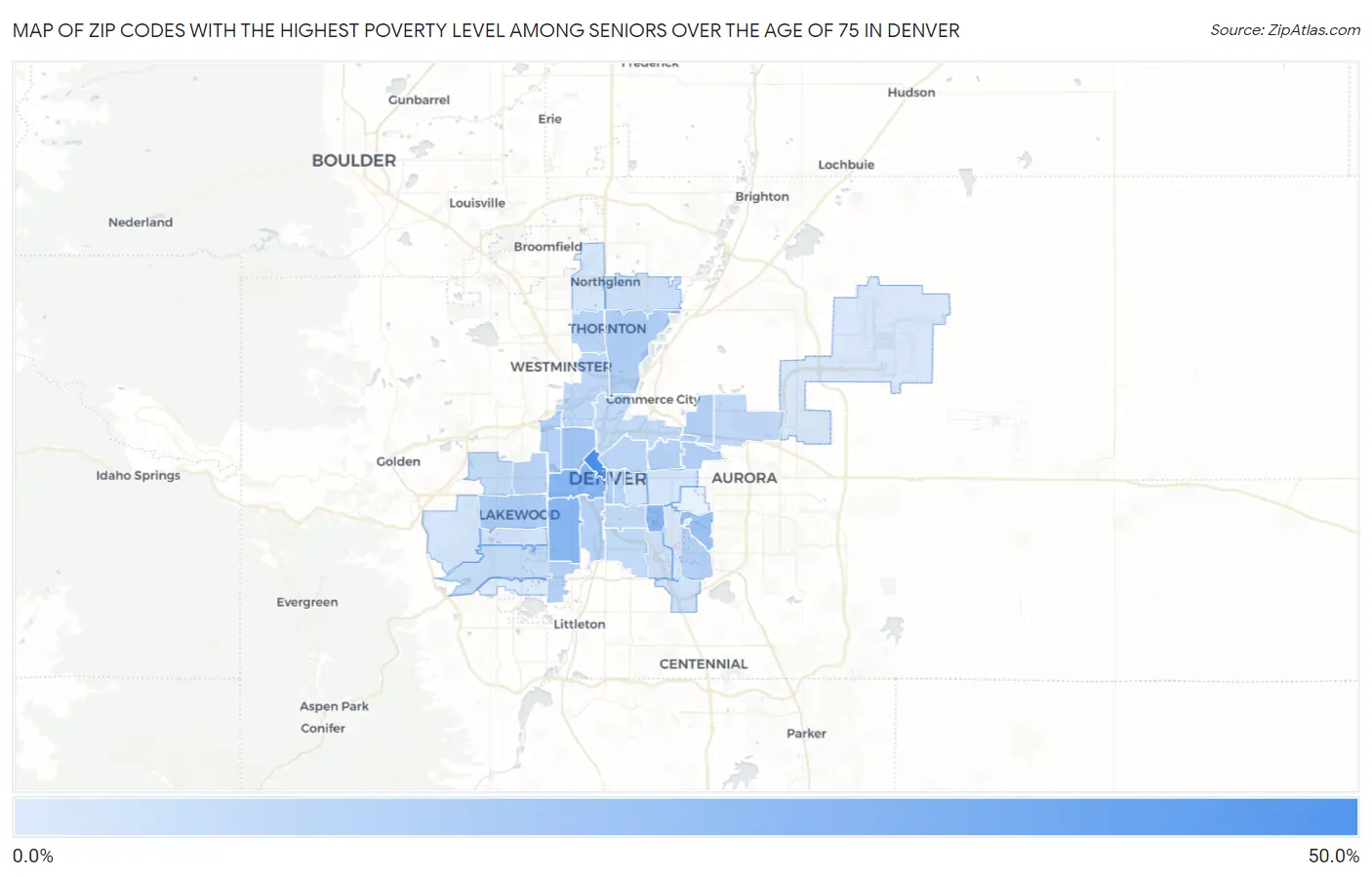 Zip Codes with the Highest Poverty Level Among Seniors Over the Age of 75 in Denver Map