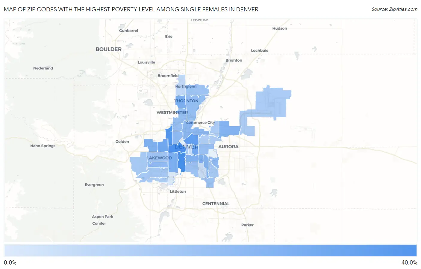 Zip Codes with the Highest Poverty Level Among Single Females in Denver Map