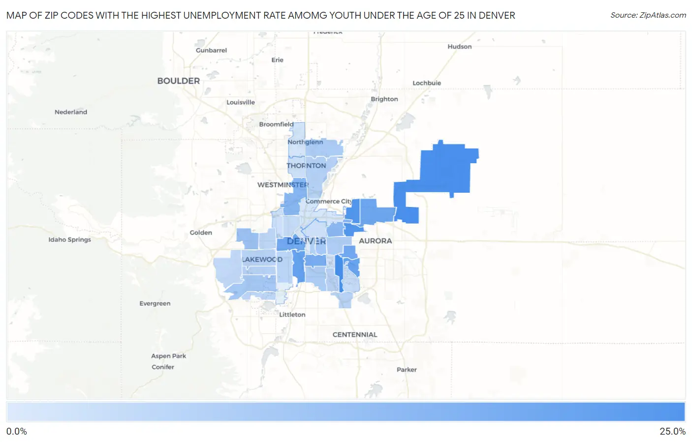 Zip Codes with the Highest Unemployment Rate Amomg Youth Under the Age of 25 in Denver Map