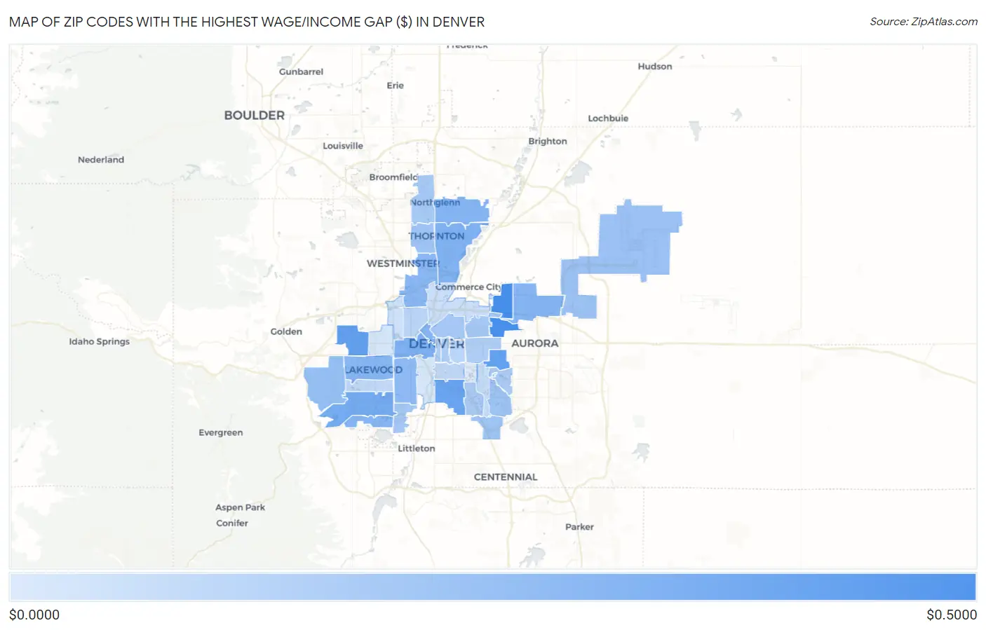 Zip Codes with the Highest Wage/Income Gap ($) in Denver Map