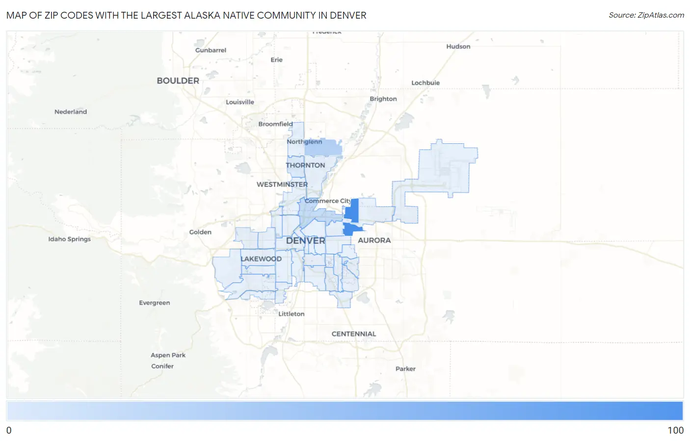 Zip Codes with the Largest Alaska Native Community in Denver Map