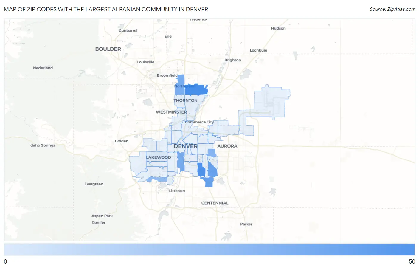 Zip Codes with the Largest Albanian Community in Denver Map