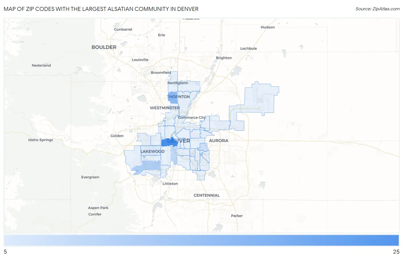 Zip Codes with the Largest Alsatian Community in Denver Map