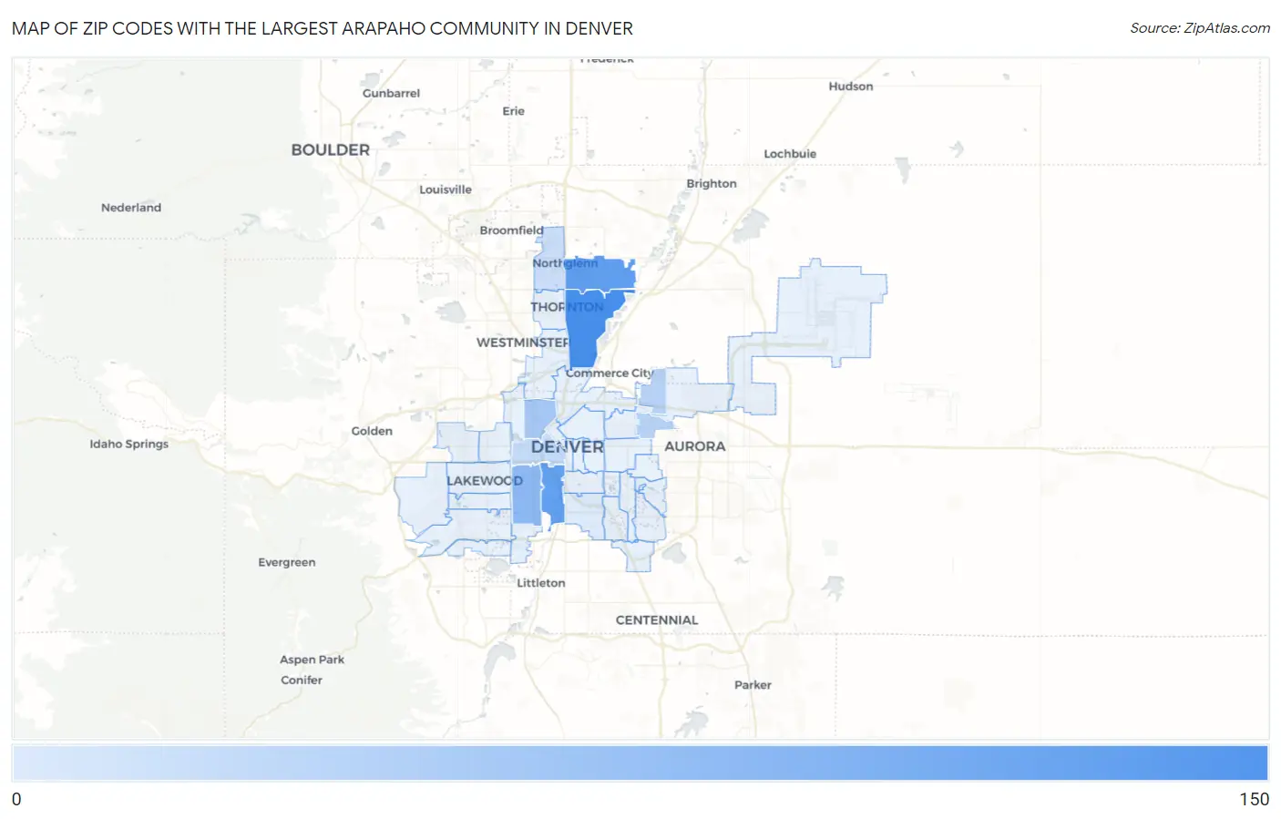 Zip Codes with the Largest Arapaho Community in Denver Map
