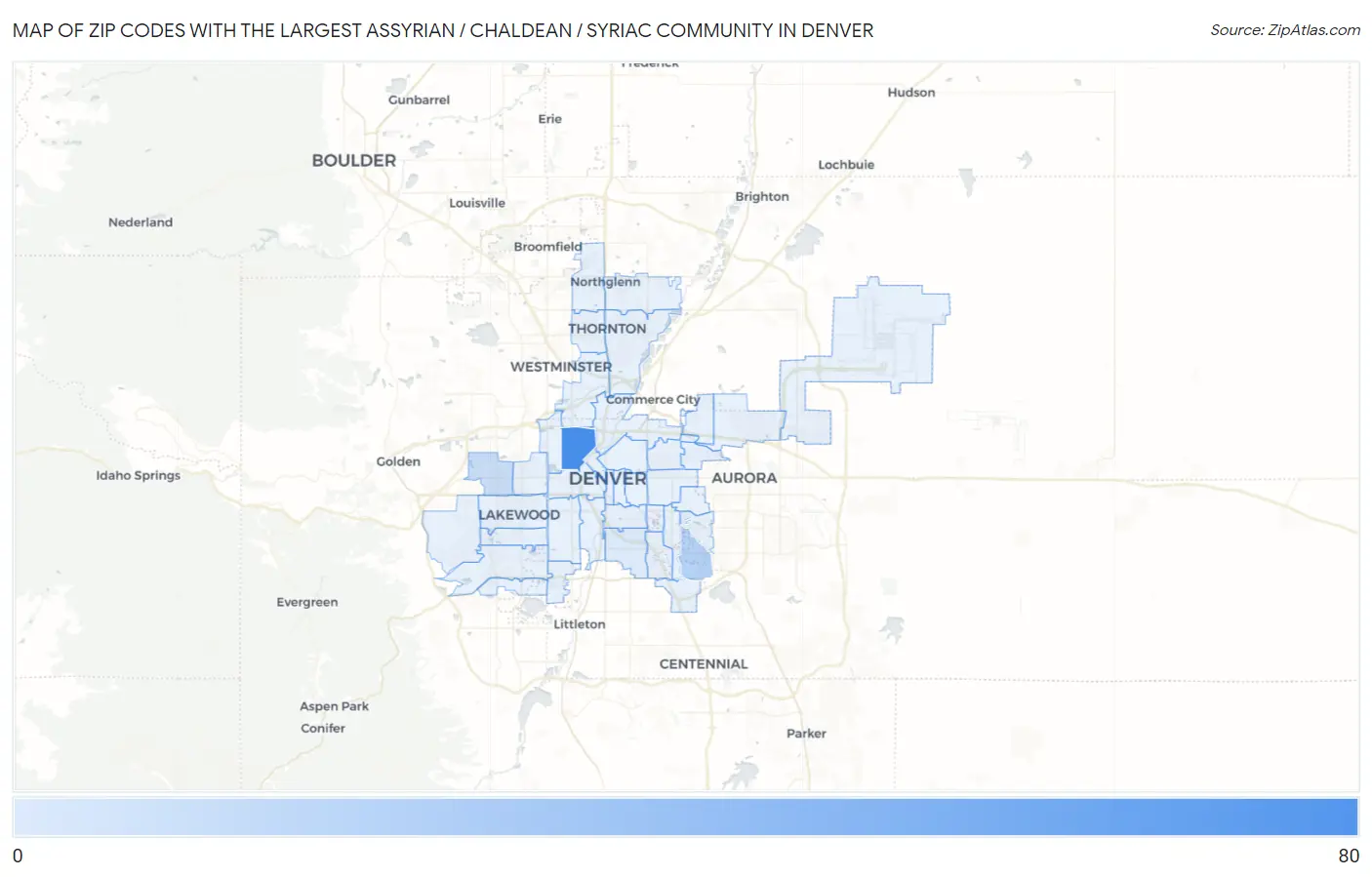 Zip Codes with the Largest Assyrian / Chaldean / Syriac Community in Denver Map