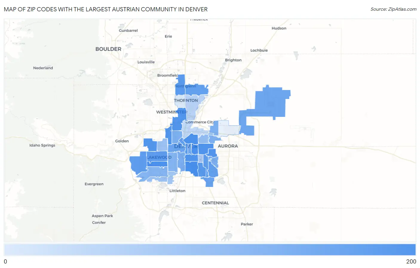 Zip Codes with the Largest Austrian Community in Denver Map