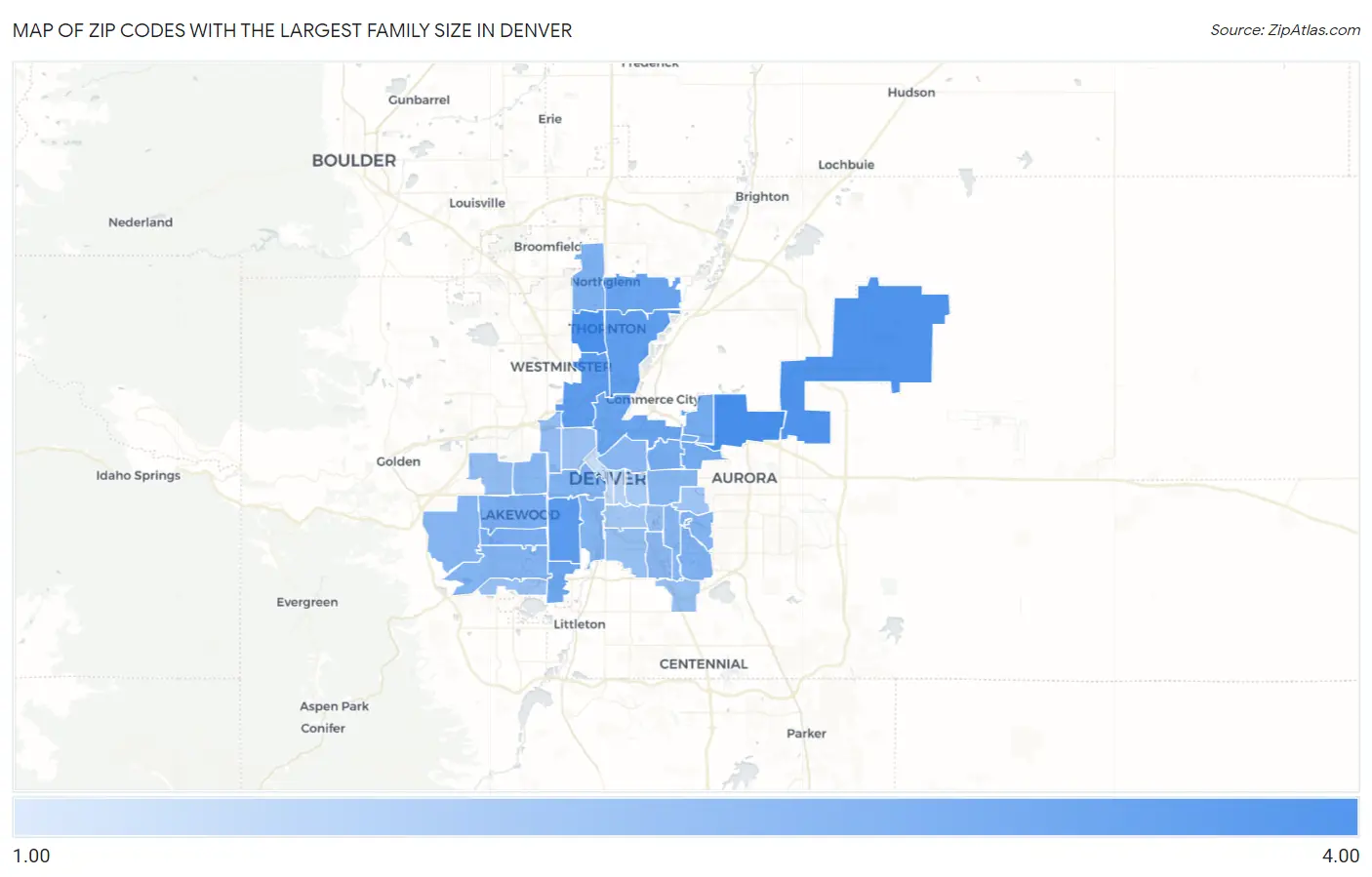 Zip Codes with the Largest Family Size in Denver Map