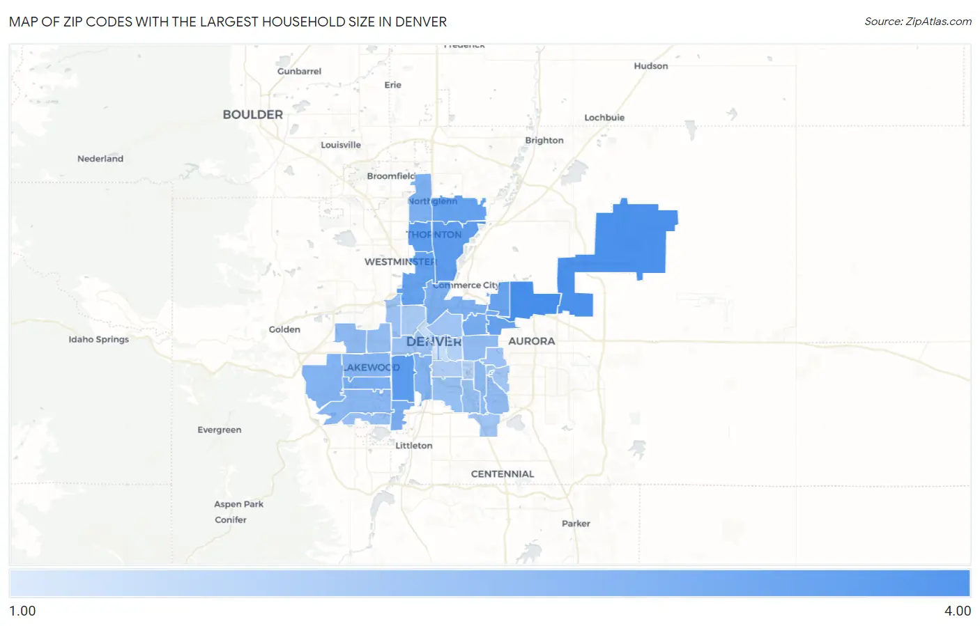Zip Codes with the Largest Household Size in Denver Map