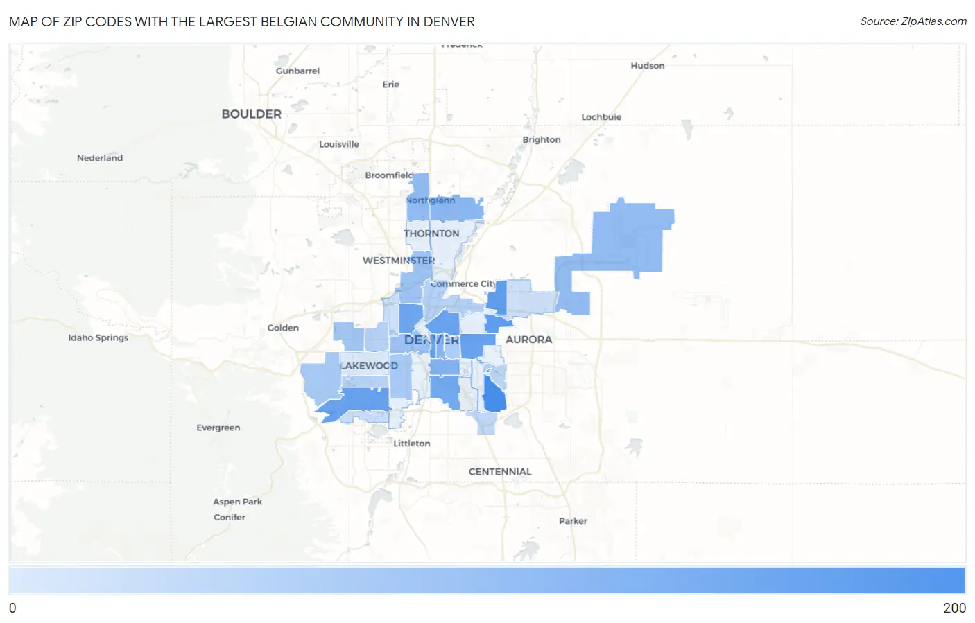 Zip Codes with the Largest Belgian Community in Denver Map