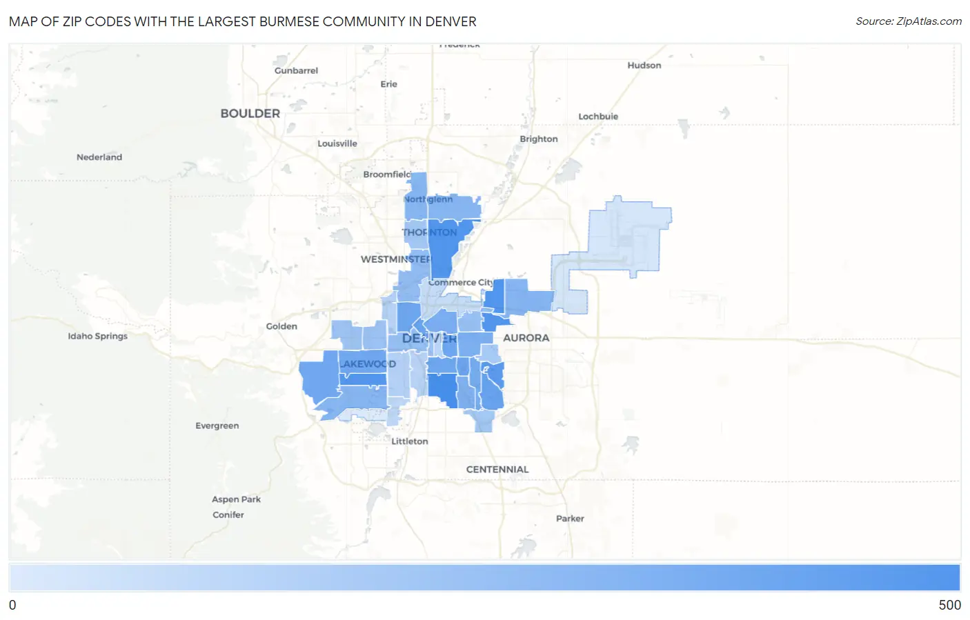 Zip Codes with the Largest Burmese Community in Denver Map