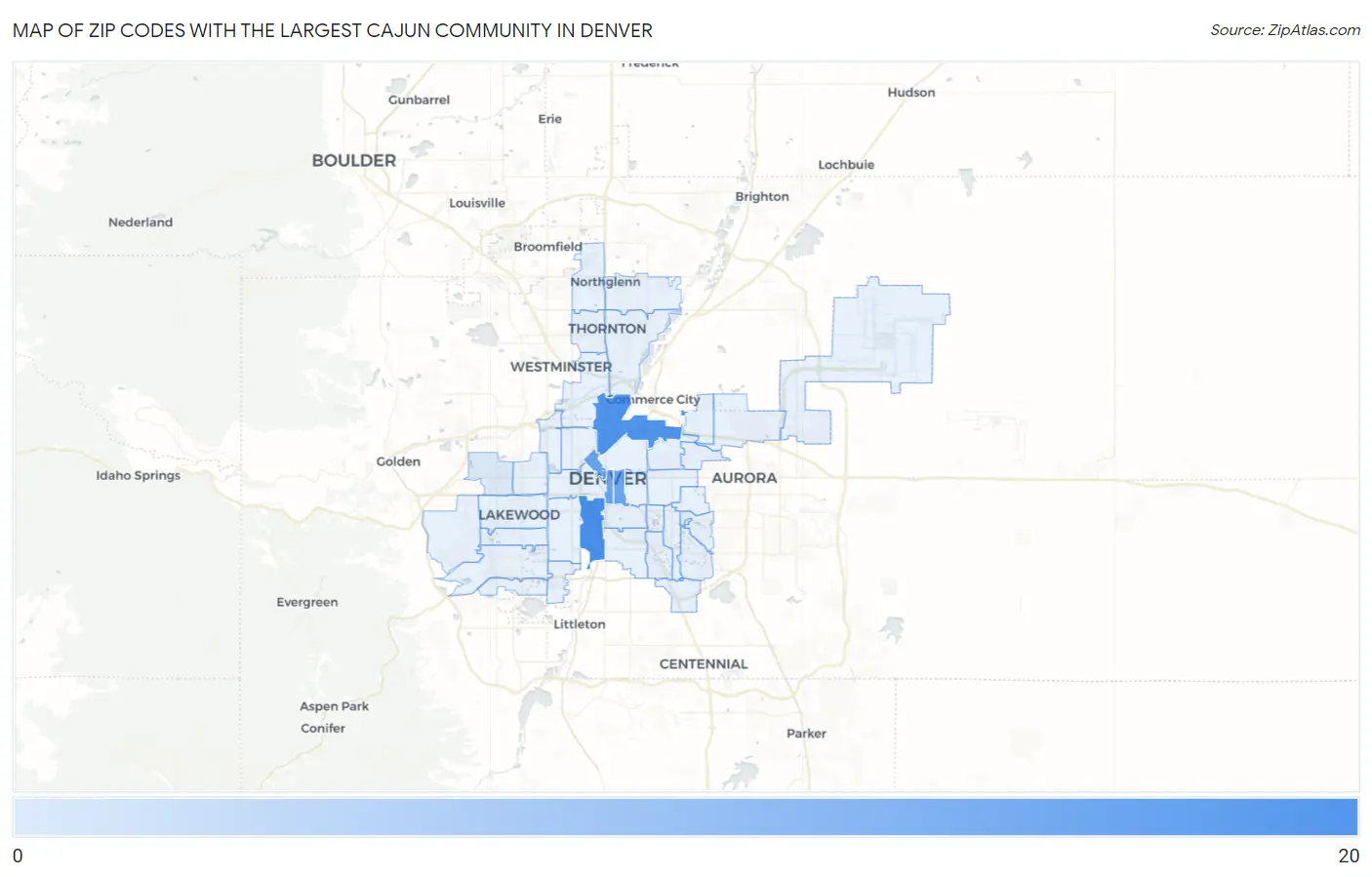 Zip Codes with the Largest Cajun Community in Denver Map