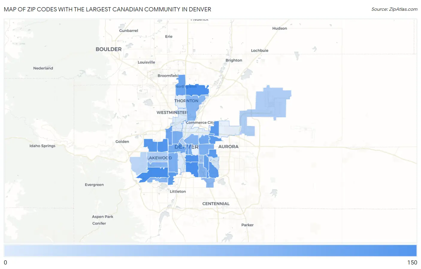 Zip Codes with the Largest Canadian Community in Denver Map