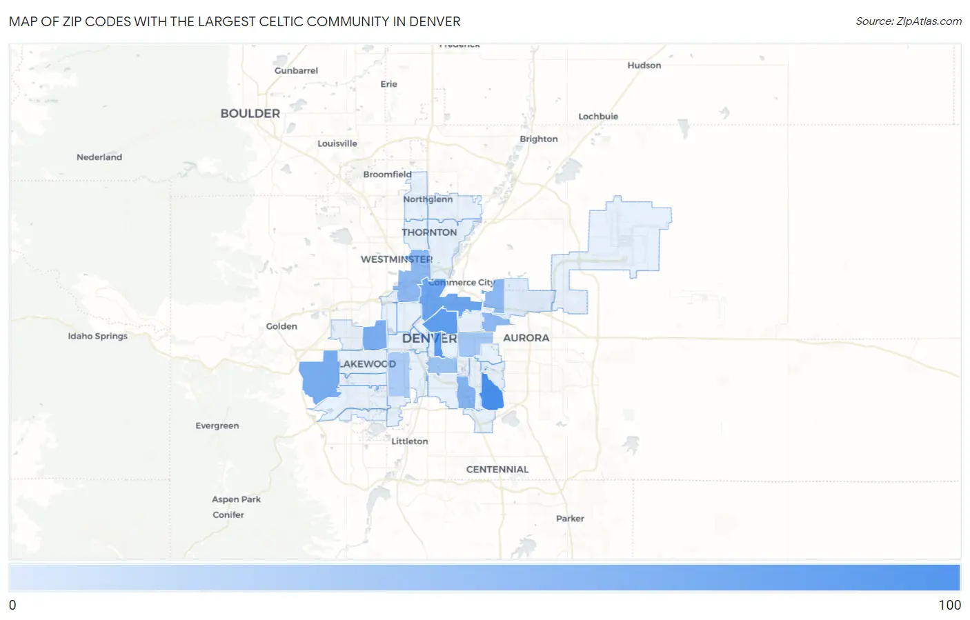 Zip Codes with the Largest Celtic Community in Denver Map