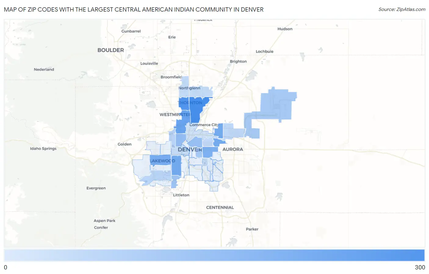 Zip Codes with the Largest Central American Indian Community in Denver Map
