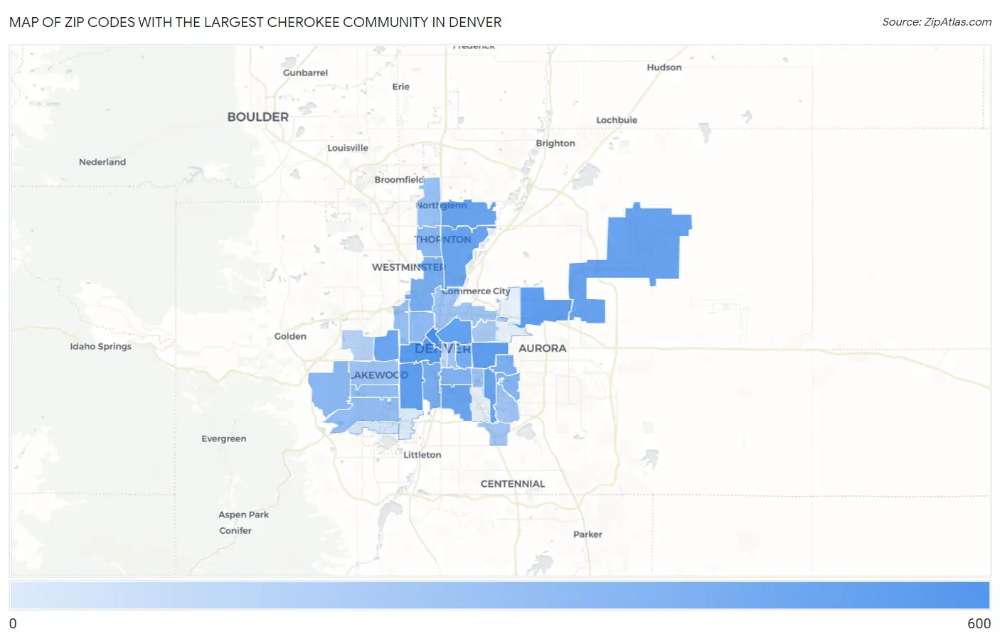 Zip Codes with the Largest Cherokee Community in Denver Map