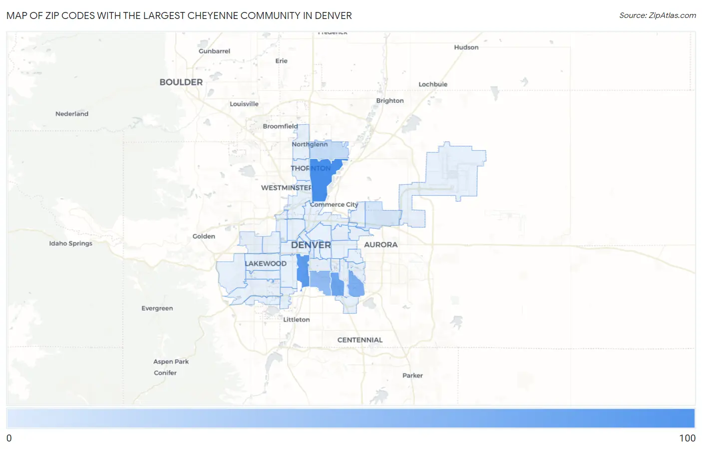 Zip Codes with the Largest Cheyenne Community in Denver Map