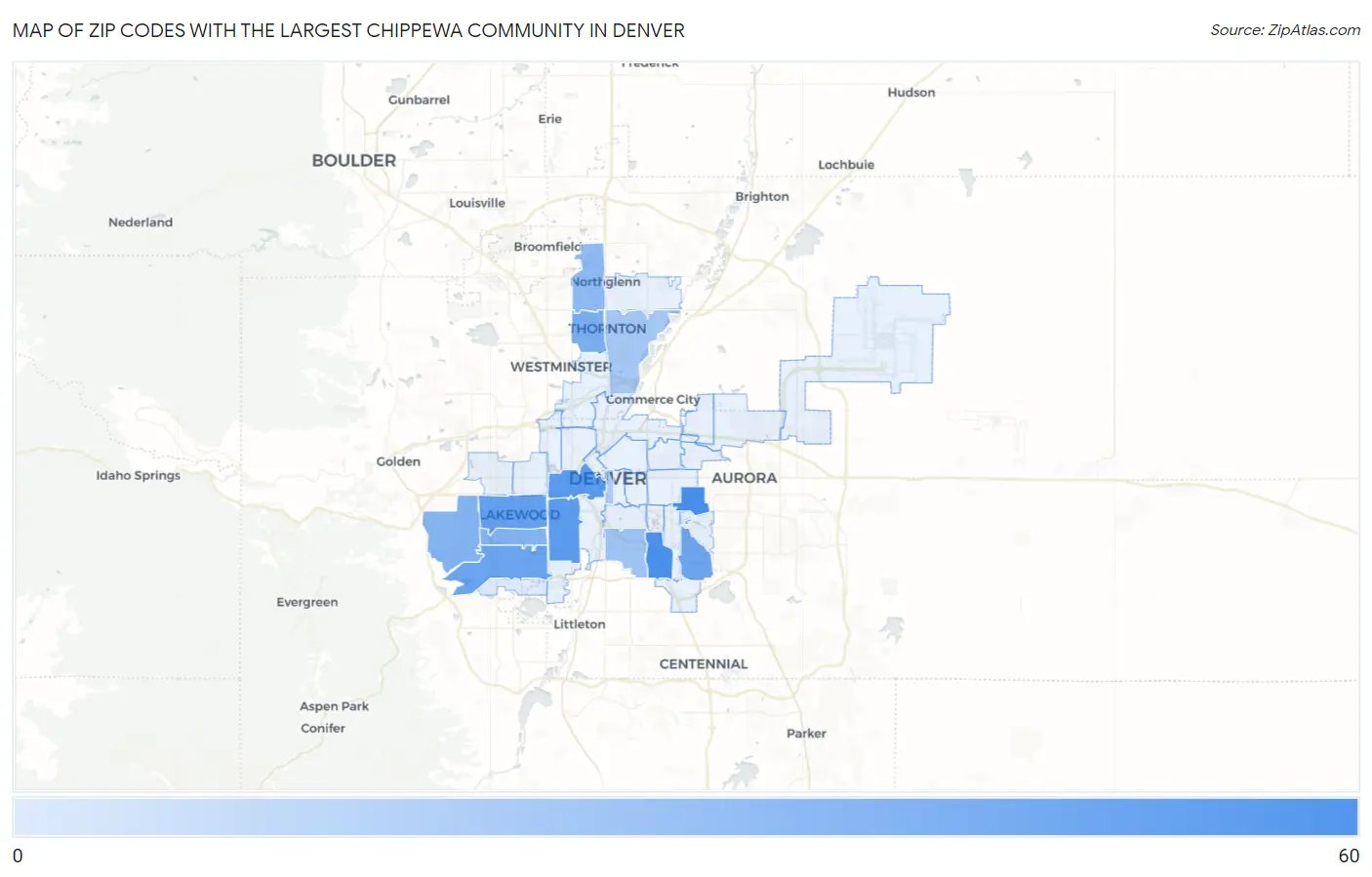 Zip Codes with the Largest Chippewa Community in Denver Map