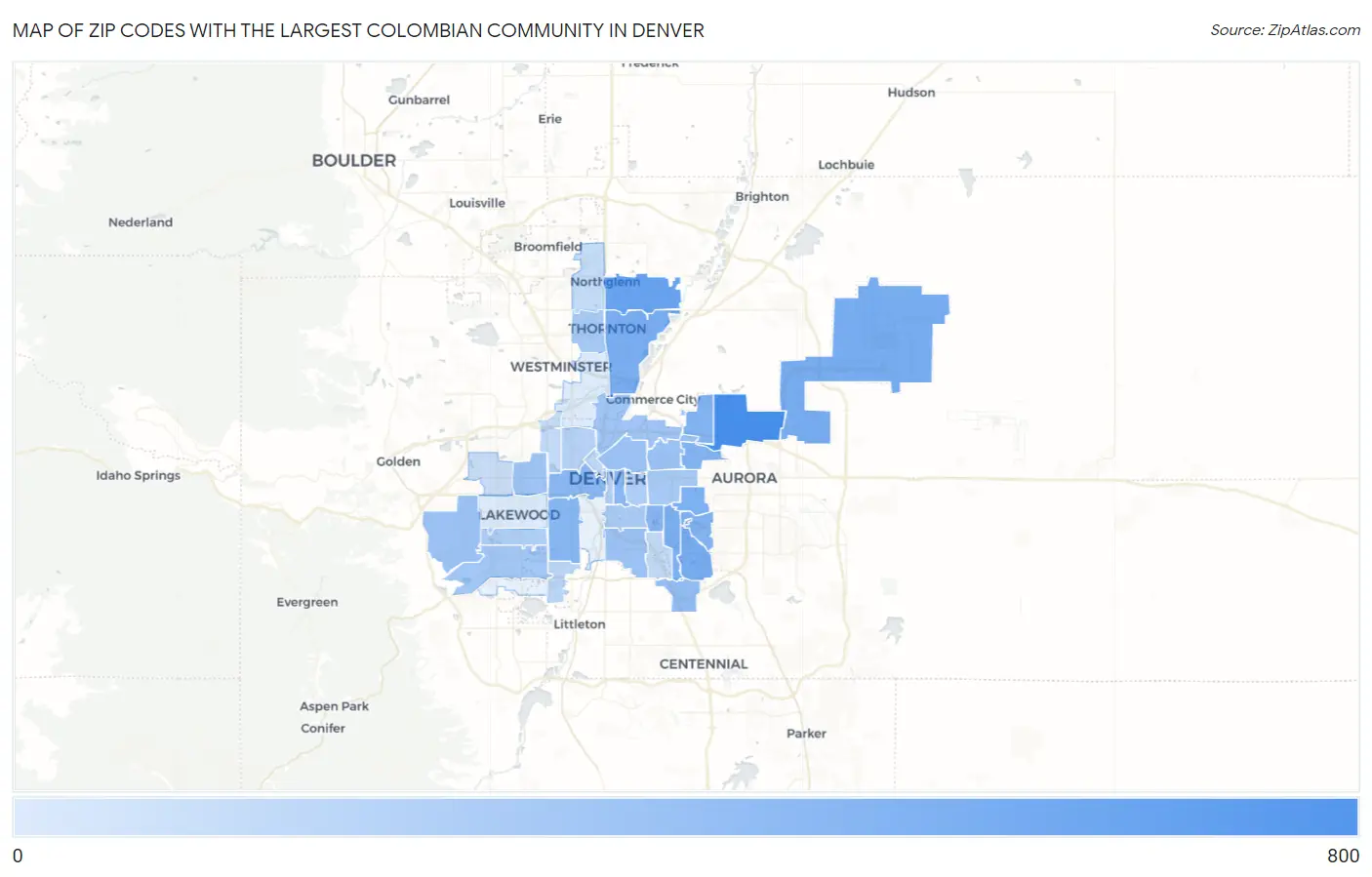 Zip Codes with the Largest Colombian Community in Denver Map
