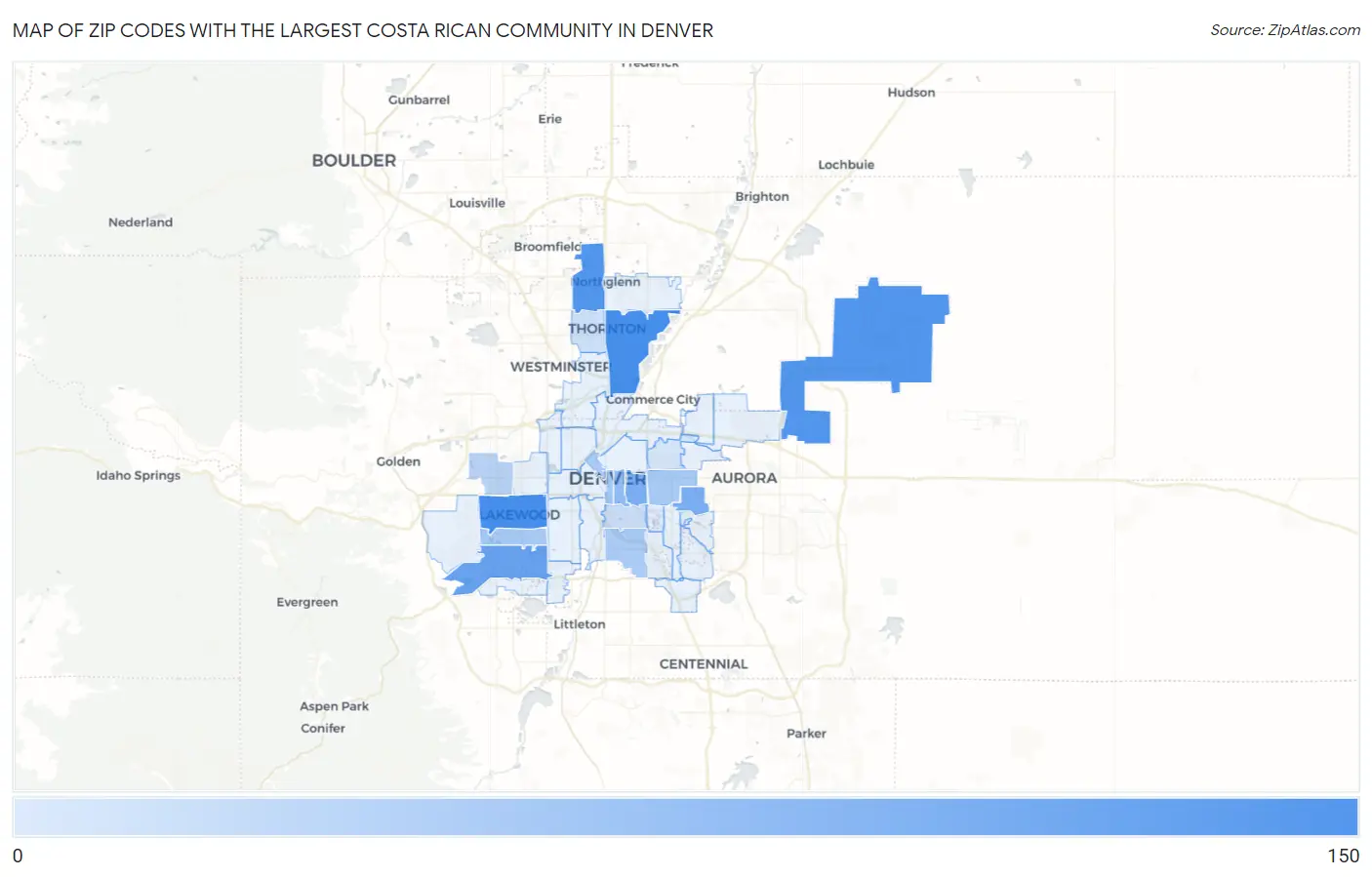 Zip Codes with the Largest Costa Rican Community in Denver Map