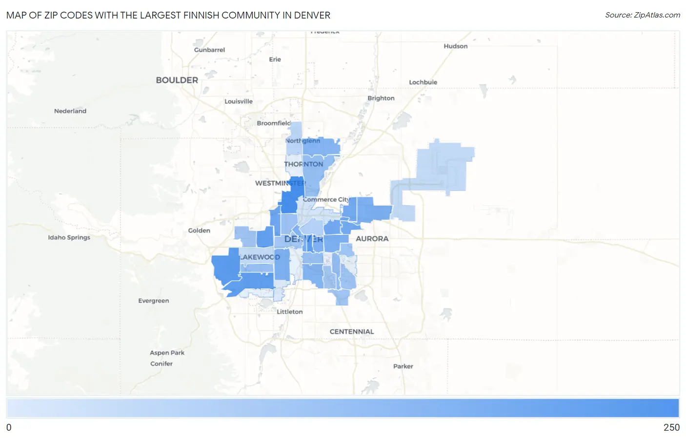 Zip Codes with the Largest Finnish Community in Denver Map