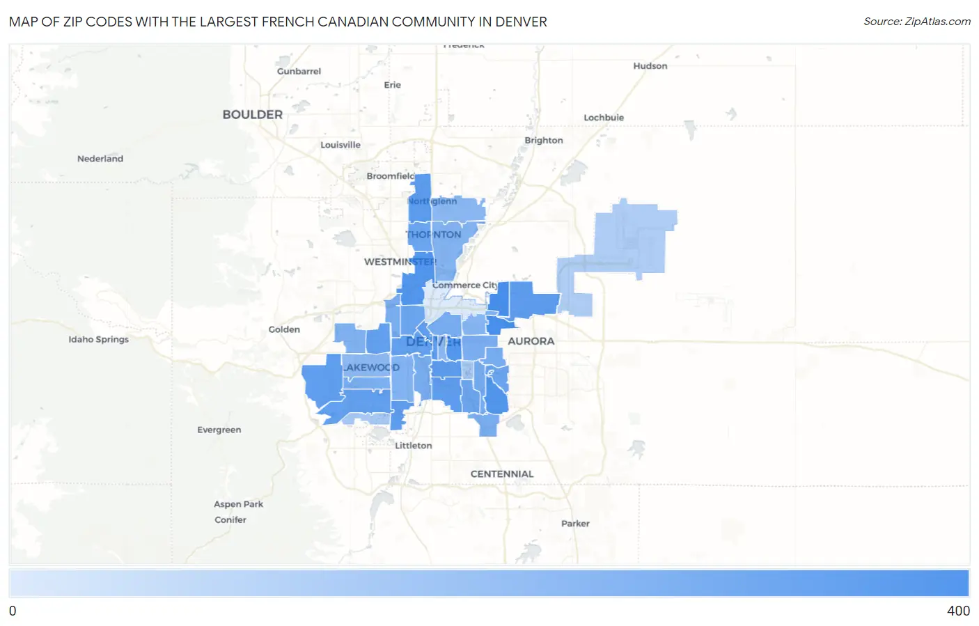 Zip Codes with the Largest French Canadian Community in Denver Map
