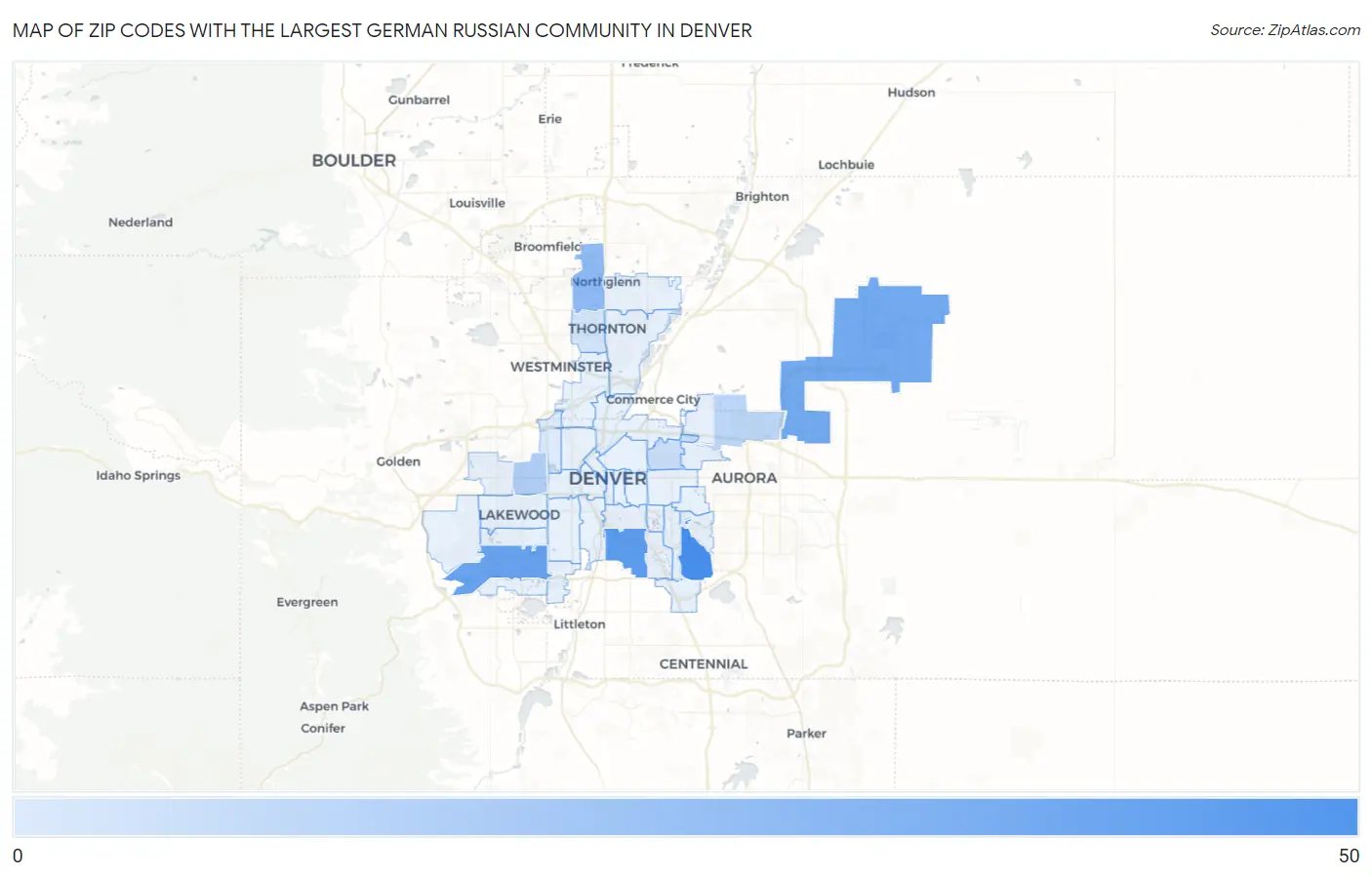 Zip Codes with the Largest German Russian Community in Denver Map