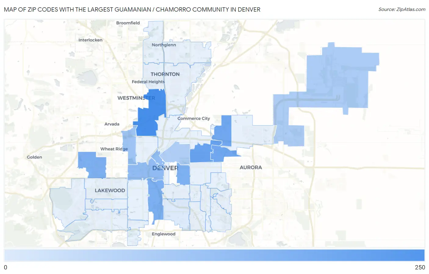 Zip Codes with the Largest Guamanian / Chamorro Community in Denver Map