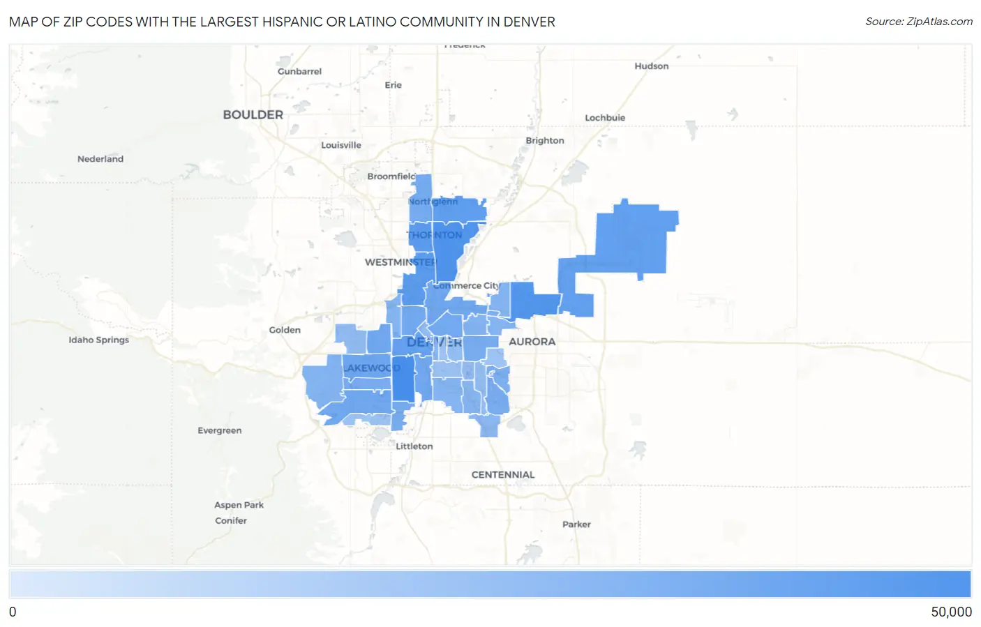 Zip Codes with the Largest Hispanic or Latino Community in Denver Map