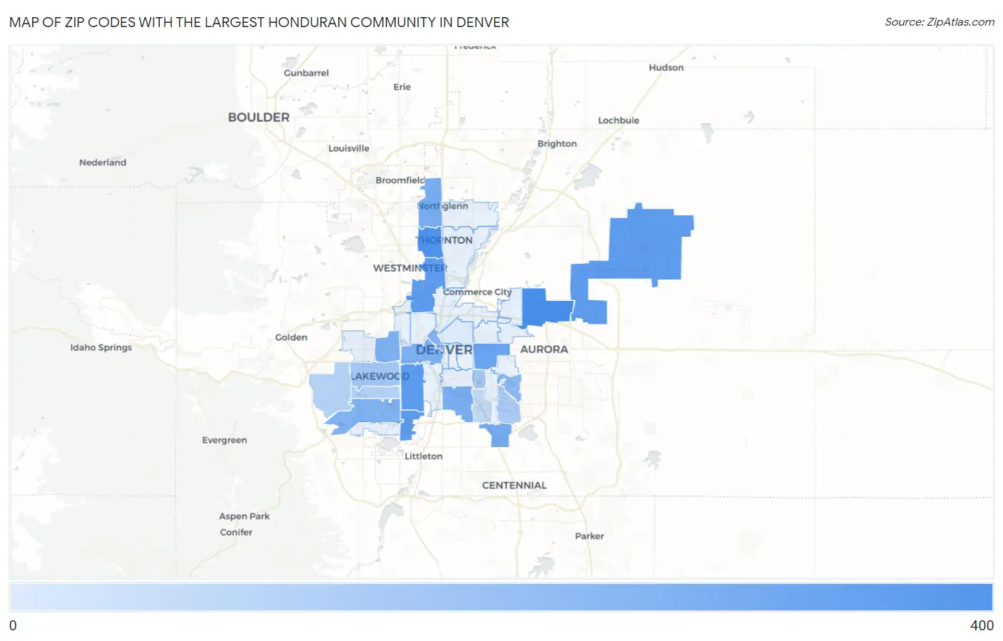 Zip Codes with the Largest Honduran Community in Denver Map