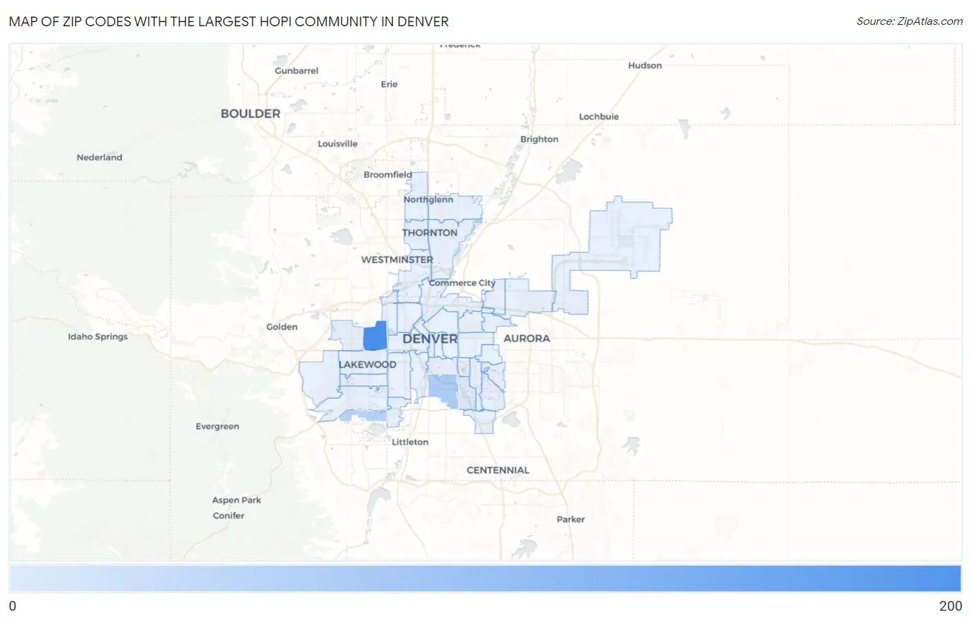 Zip Codes with the Largest Hopi Community in Denver Map