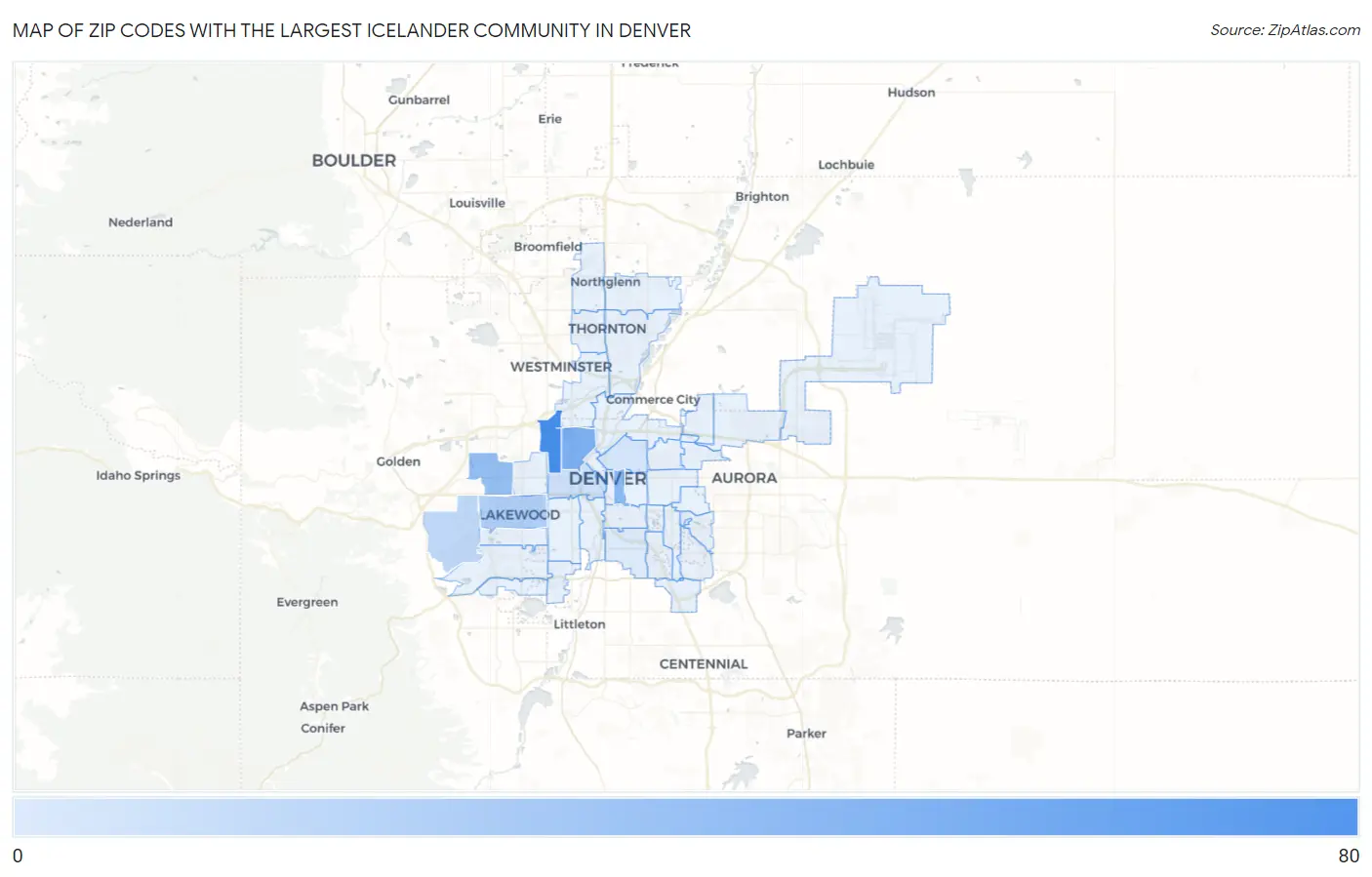 Zip Codes with the Largest Icelander Community in Denver Map