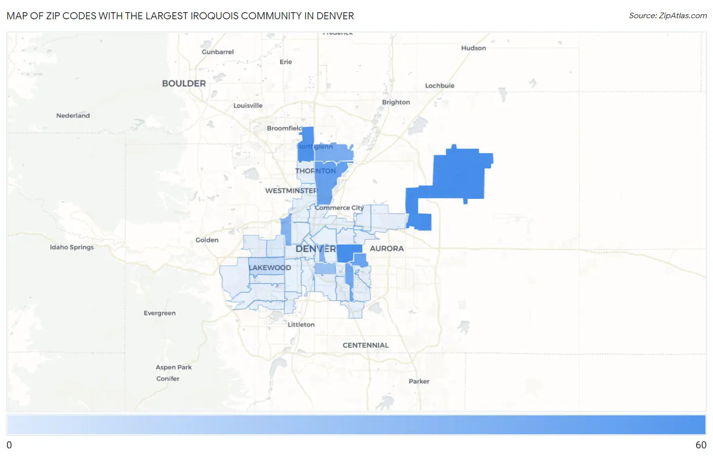 Zip Codes with the Largest Iroquois Community in Denver Map