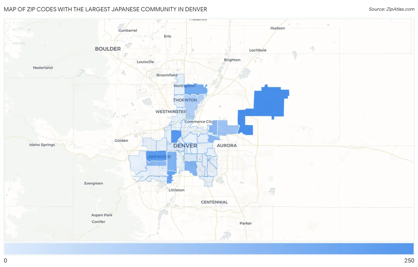 Zip Codes with the Largest Japanese Community in Denver Map