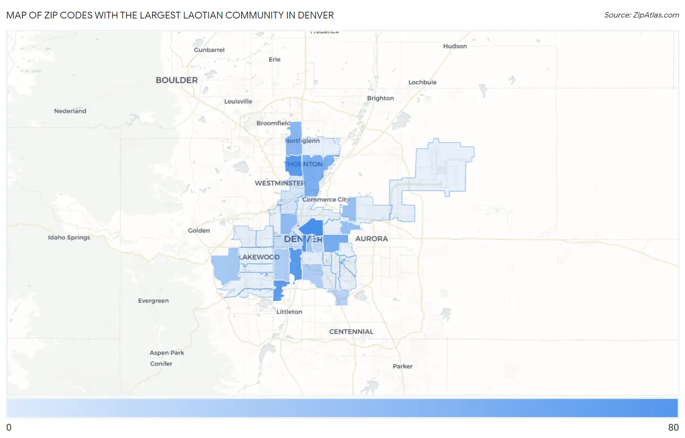 Zip Codes with the Largest Laotian Community in Denver Map