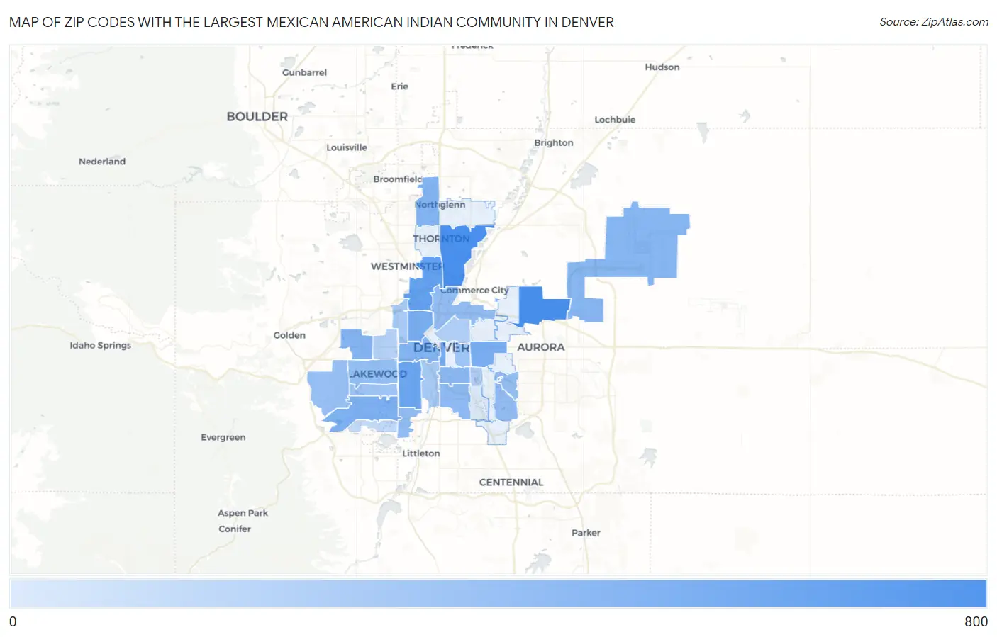 Zip Codes with the Largest Mexican American Indian Community in Denver Map