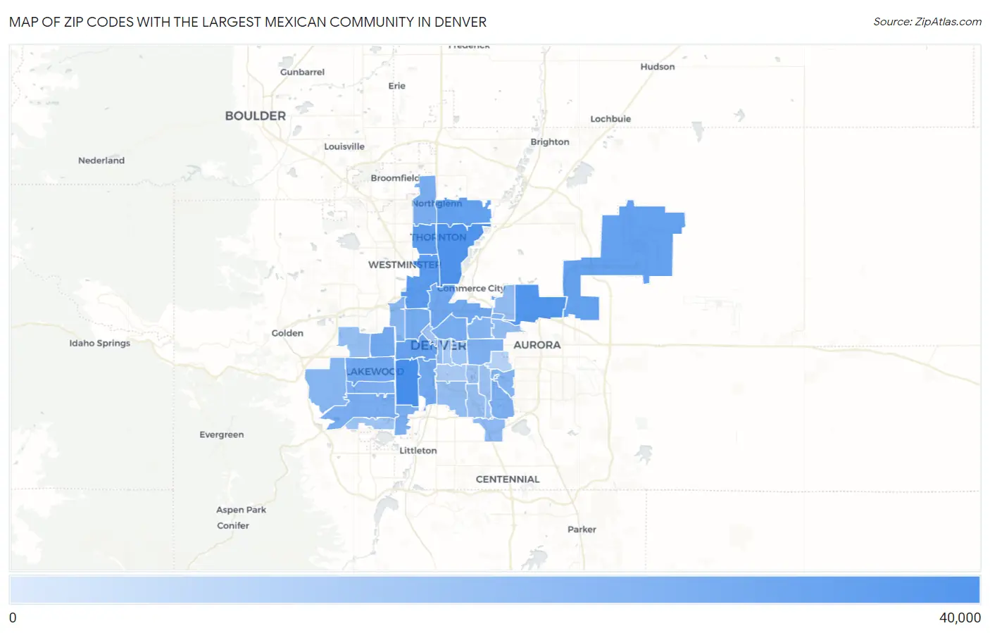 Zip Codes with the Largest Mexican Community in Denver Map