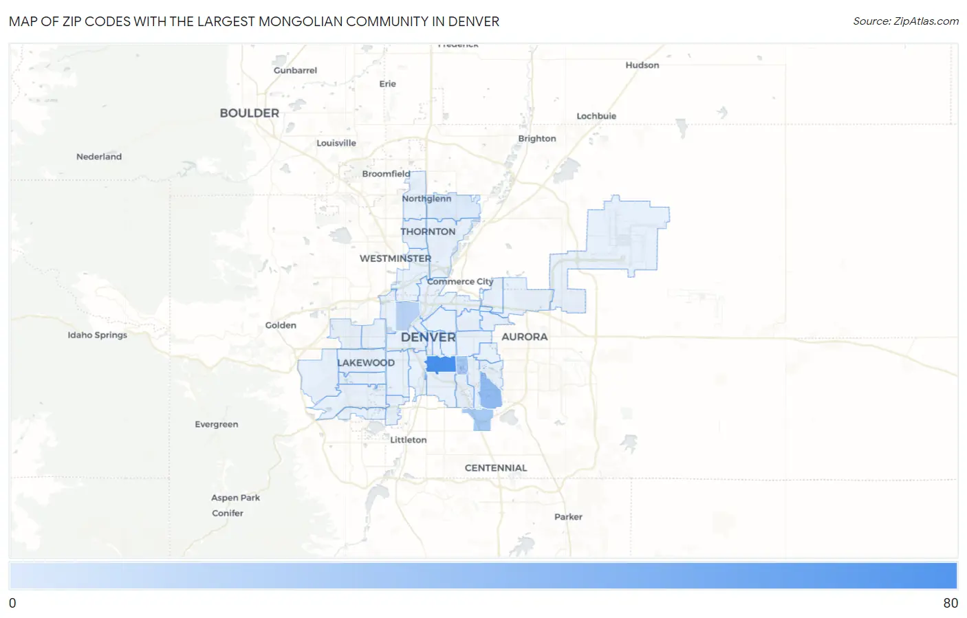 Zip Codes with the Largest Mongolian Community in Denver Map