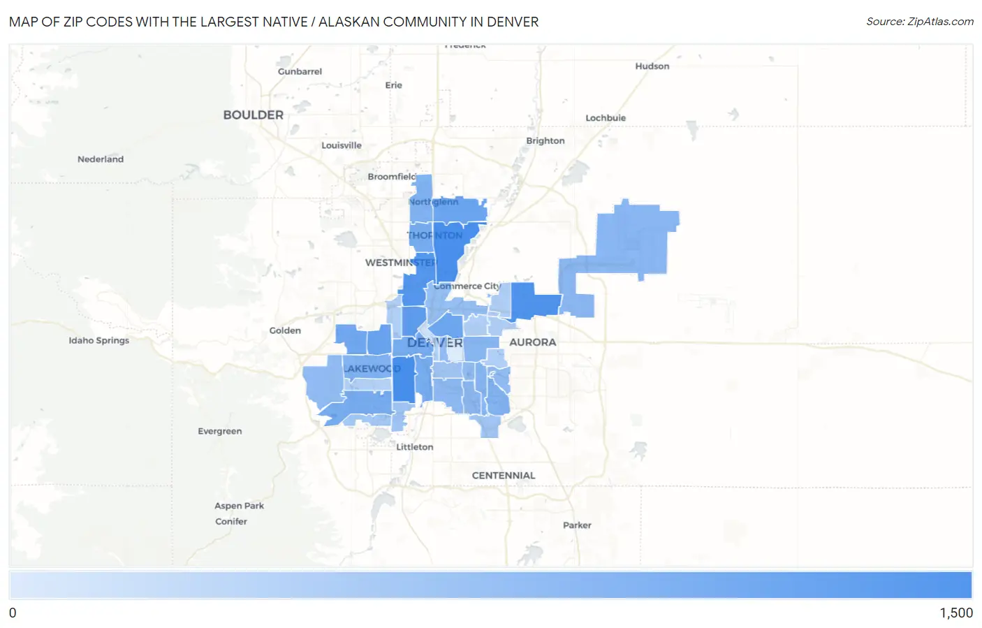 Zip Codes with the Largest Native / Alaskan Community in Denver Map