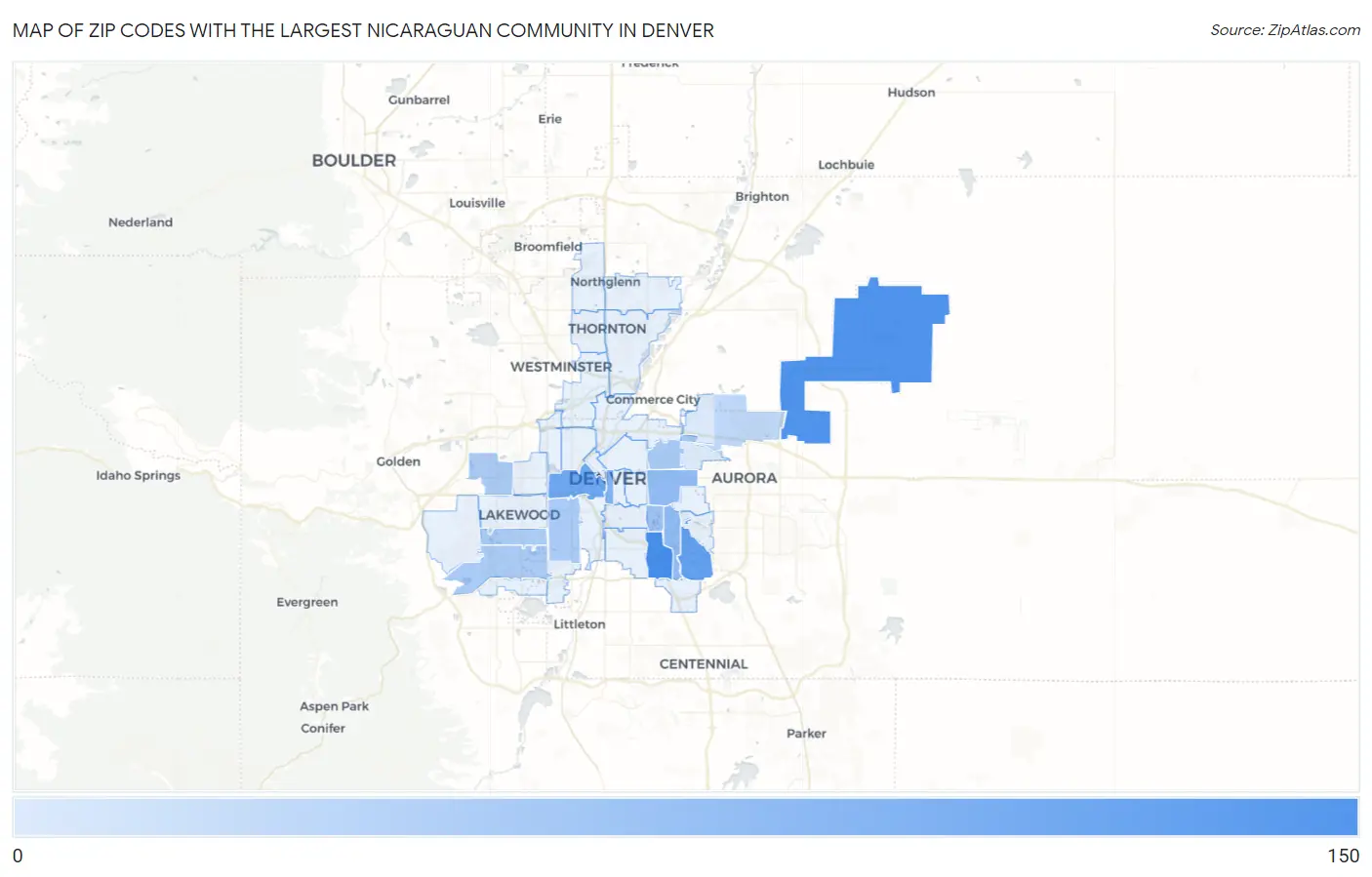 Zip Codes with the Largest Nicaraguan Community in Denver Map