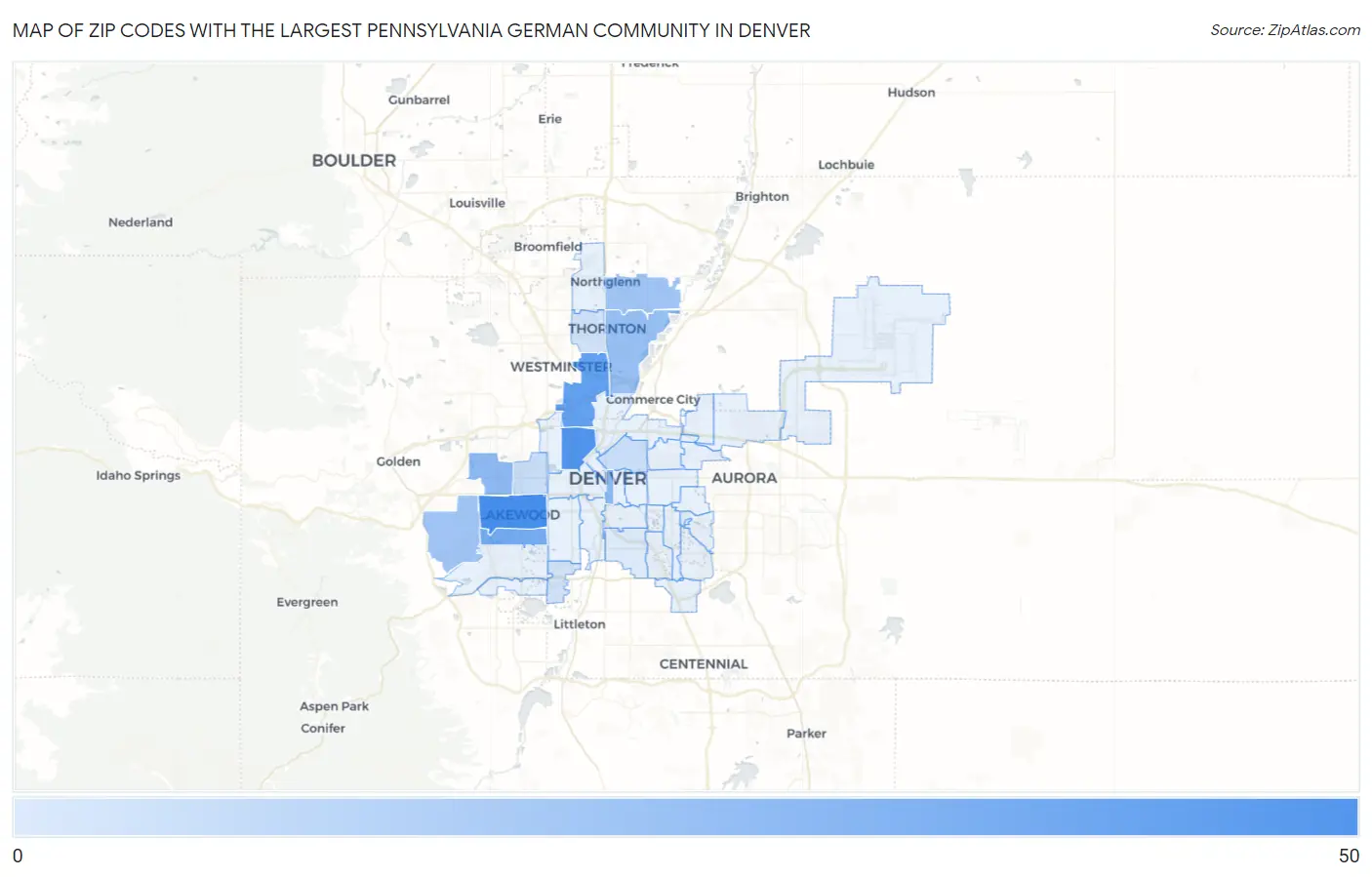 Zip Codes with the Largest Pennsylvania German Community in Denver Map