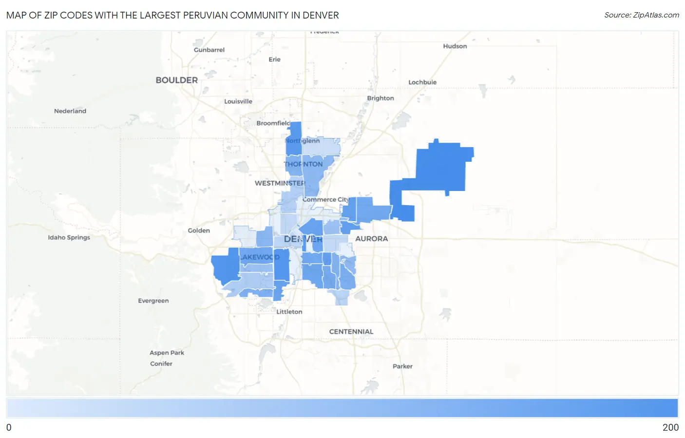 Zip Codes with the Largest Peruvian Community in Denver Map