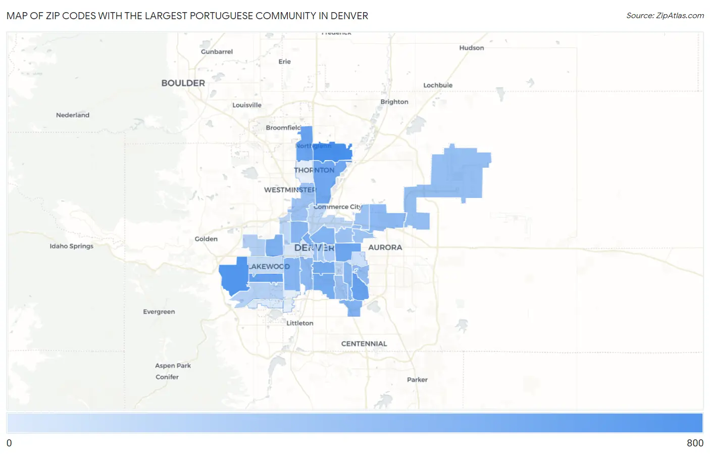 Zip Codes with the Largest Portuguese Community in Denver Map