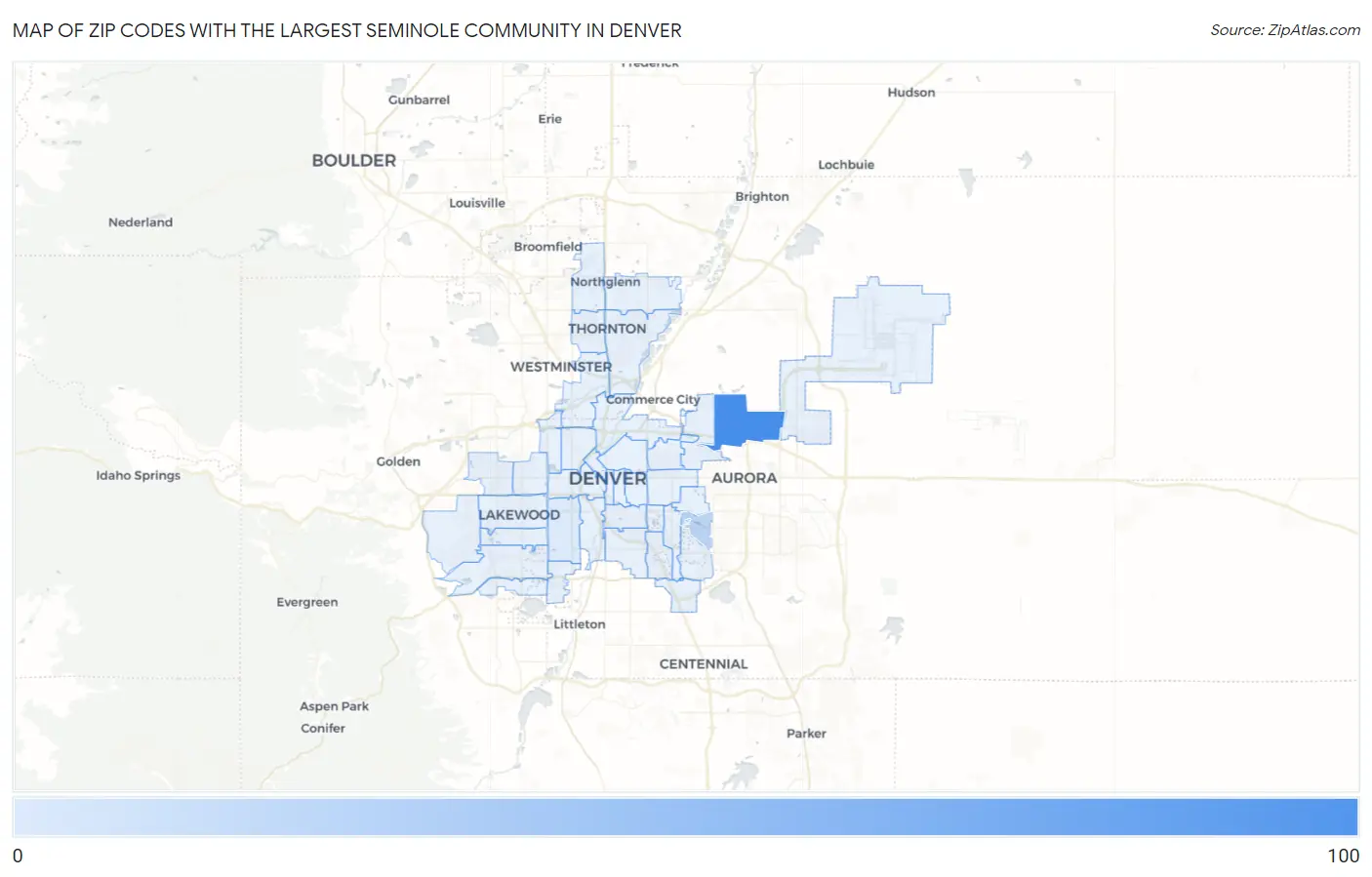 Zip Codes with the Largest Seminole Community in Denver Map