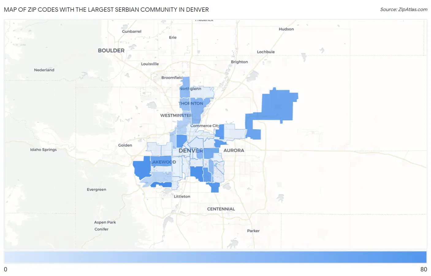 Zip Codes with the Largest Serbian Community in Denver Map
